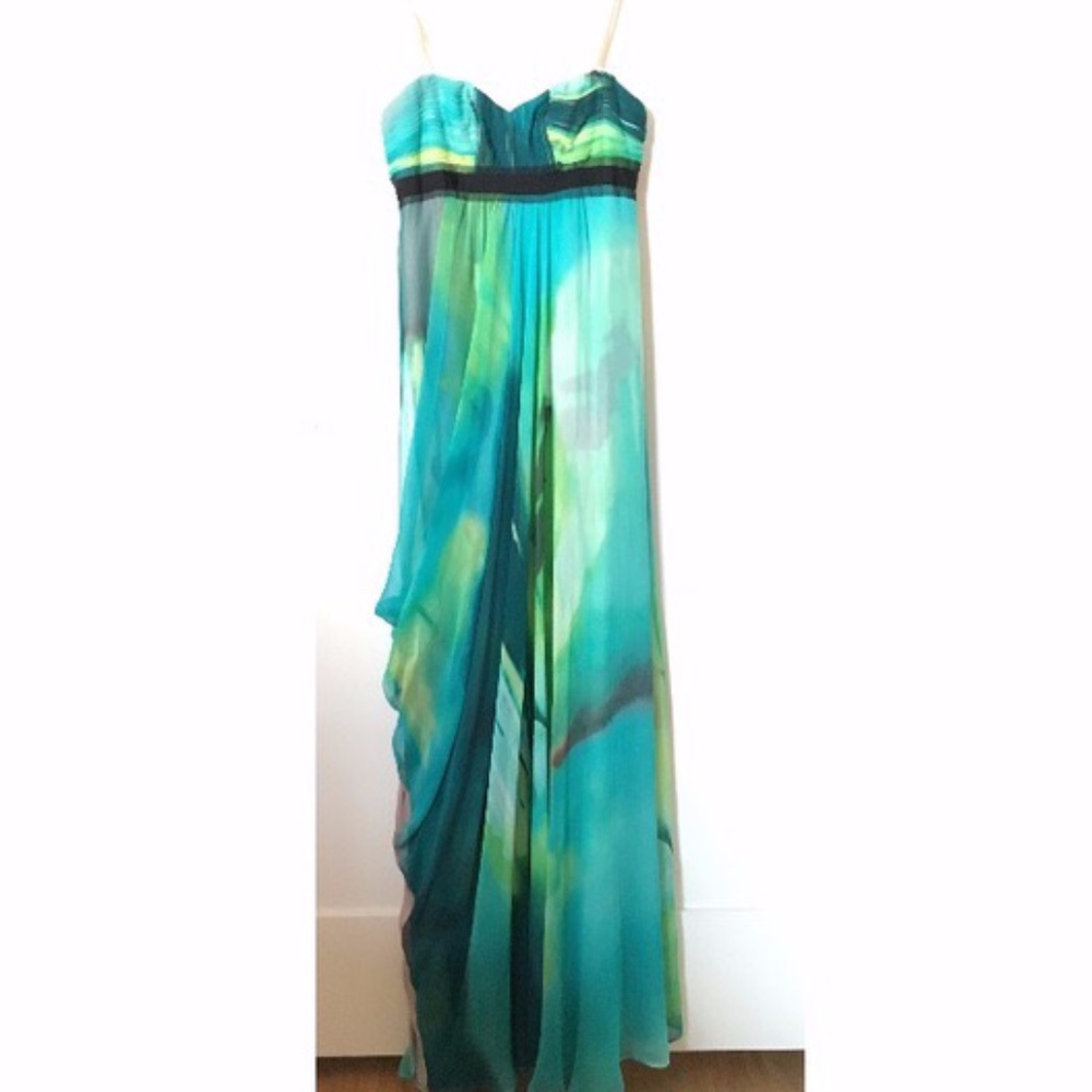 BCBGMaxazria- Watercolor Chiffon Strapless Dress
